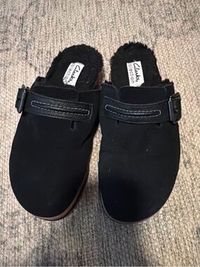 Clarks Black Suede Mules with Faux Fur Lining